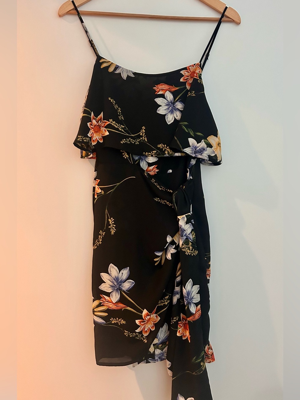 Lush Black Floral Strapless Ruffle Dress